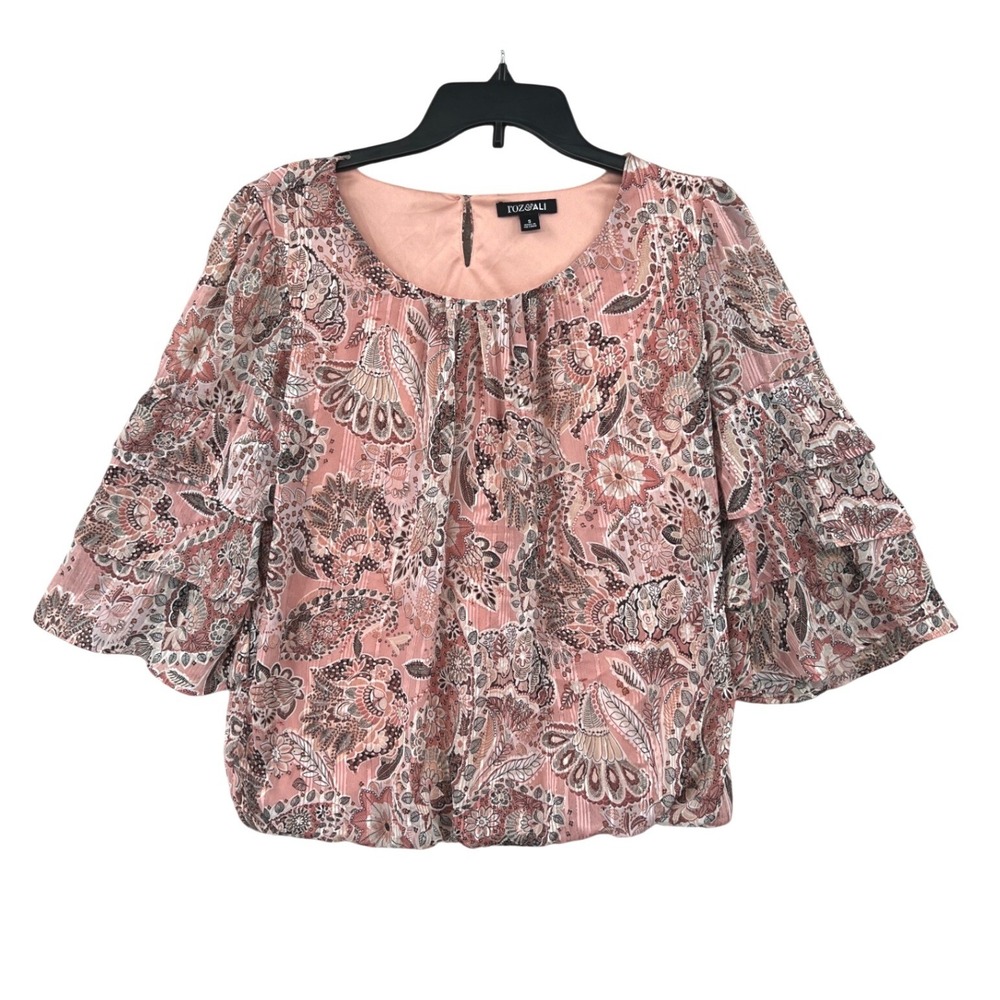 Roz & Ali Paisley Ruffle Sleeve Blouse Size S Pink Metallic Boho Romantic Top
